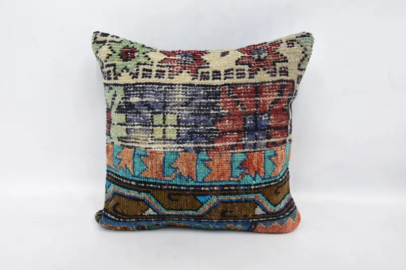 Pillow Case, Natural Cushion Case, 16x16 Blue Pillow Sham, Vintage Kilim Pillow, Handmade Kilim Cushion, Turkish Kilim Pillow, Comfy Throw Pillow - 1