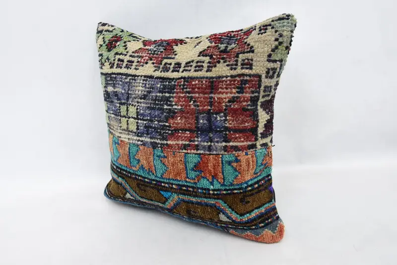 Pillow Case, Natural Cushion Case, 16x16 Blue Pillow Sham, Vintage Kilim Pillow, Handmade Kilim Cushion, Turkish Kilim Pillow, Comfy Throw Pillow - 4