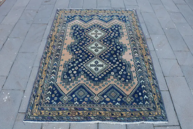 Turkish Vintage Large Rug 5.2x7.7 ft, Blue Brown Striped Rug - 1
