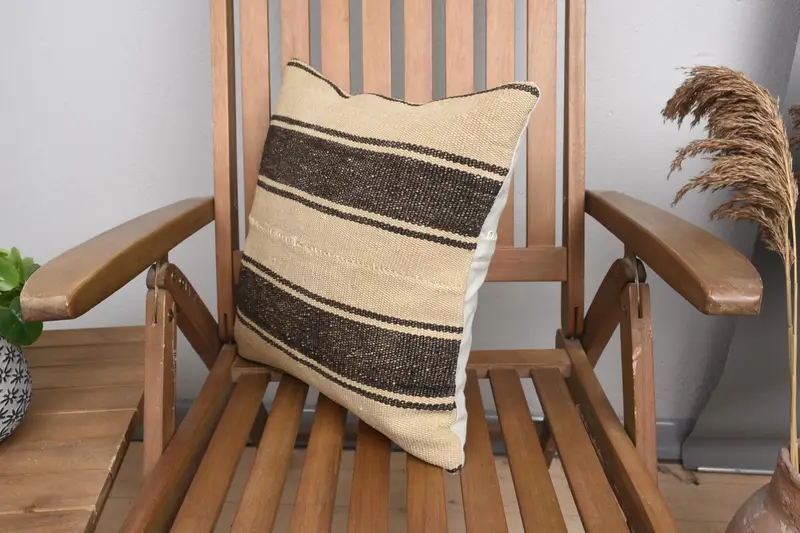 Cushion Case, Vintage Kilim Throw Pillow, Designer Throw Pillow, Ethnical Kilim Rug Pillow, Kilim Pillow, 16x16 Beige Pillow Cover - 3