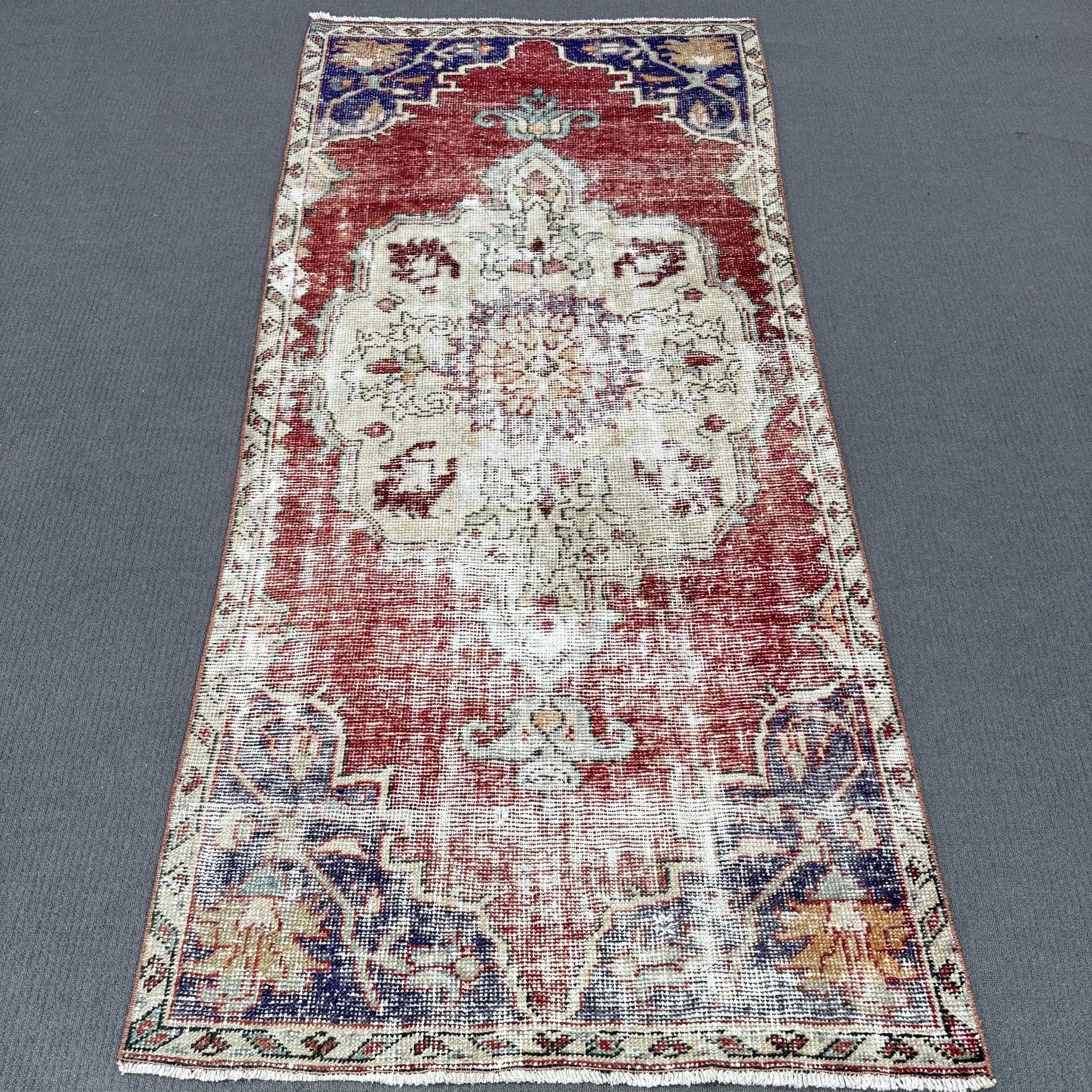 3.5x7.3 ft Vintage Area Rug, Red Blue Turkish Patchwork Wool Rug - 1