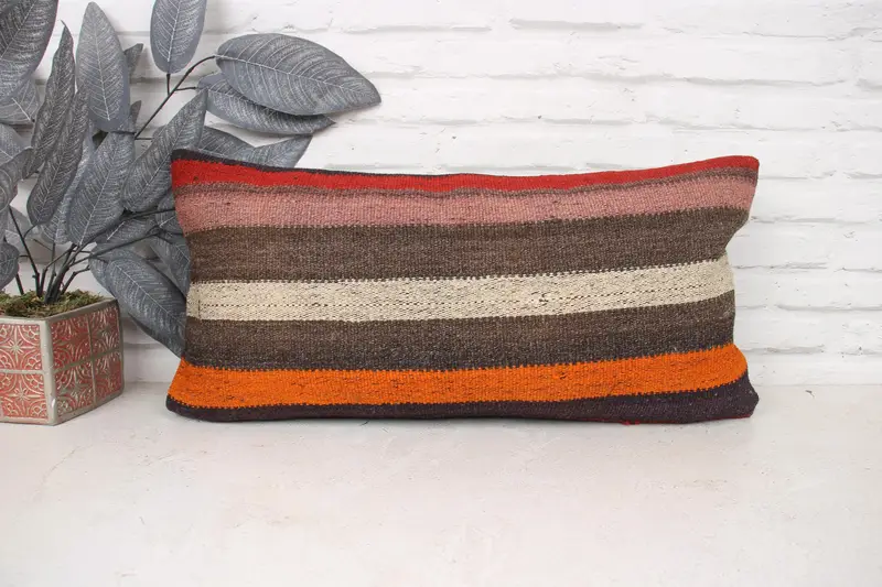 Aztec Pillow Cover, Turkish Kilim Pillow, Pattern Throw Pillow Sham, Vintage Kilim Throw Pillow, 12x24 Orange Cushion, Turkish Pillow, Cushion - 1