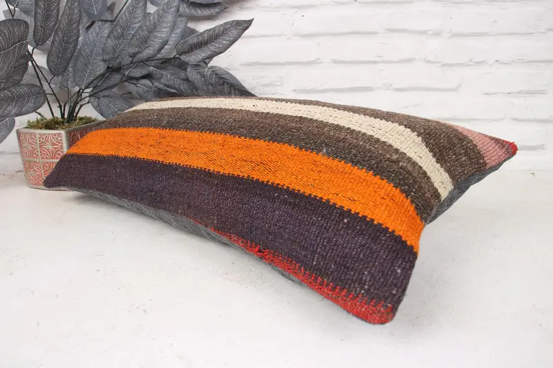 Aztec Pillow Cover, Turkish Kilim Pillow, Pattern Throw Pillow Sham, Vintage Kilim Throw Pillow, 12x24 Orange Cushion, Turkish Pillow, Cushion - 6