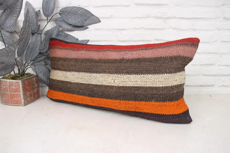 Aztec Pillow Cover, Turkish Kilim Pillow, Pattern Throw Pillow Sham, Vintage Kilim Throw Pillow, 12x24 Orange Cushion, Turkish Pillow, Cushion - 4