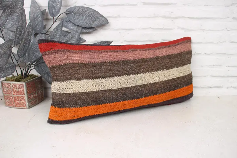 Aztec Pillow Cover, Turkish Kilim Pillow, Pattern Throw Pillow Sham, Vintage Kilim Throw Pillow, 12x24 Orange Cushion, Turkish Pillow, Cushion - 3