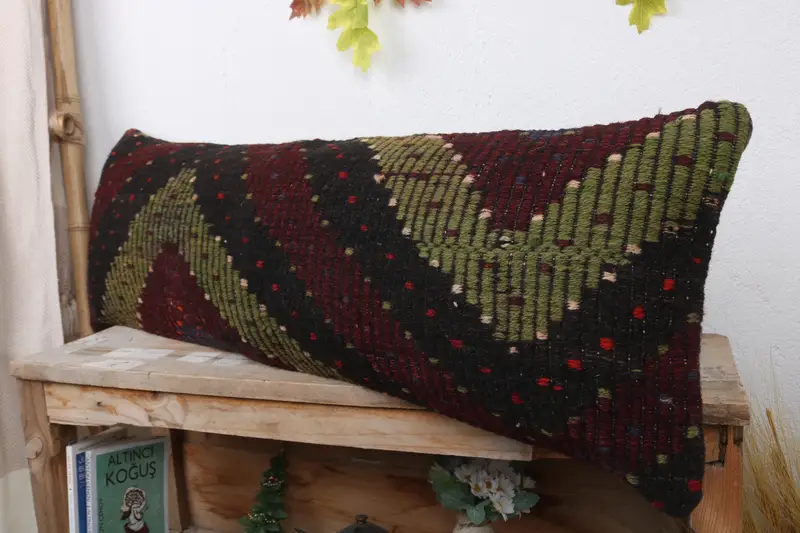 Cushion Case, Vintage Kilim Pillow, Antique Pillows, Personalized Gift Pillow Cushion Cover, Home Decor Pillow, 12x36 Green Cushion - 4