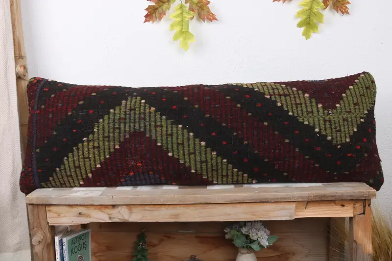 Cushion Case, Vintage Kilim Pillow, Antique Pillows, Personalized Gift Pillow Cushion Cover, Home Decor Pillow, 12x36 Green Cushion - 2
