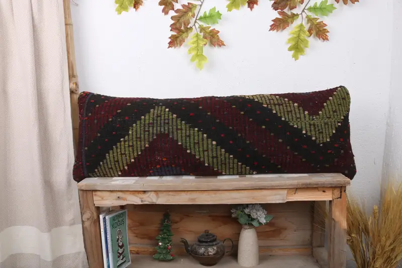Cushion Case, Vintage Kilim Pillow, Antique Pillows, Personalized Gift Pillow Cushion Cover, Home Decor Pillow, 12x36 Green Cushion - 1