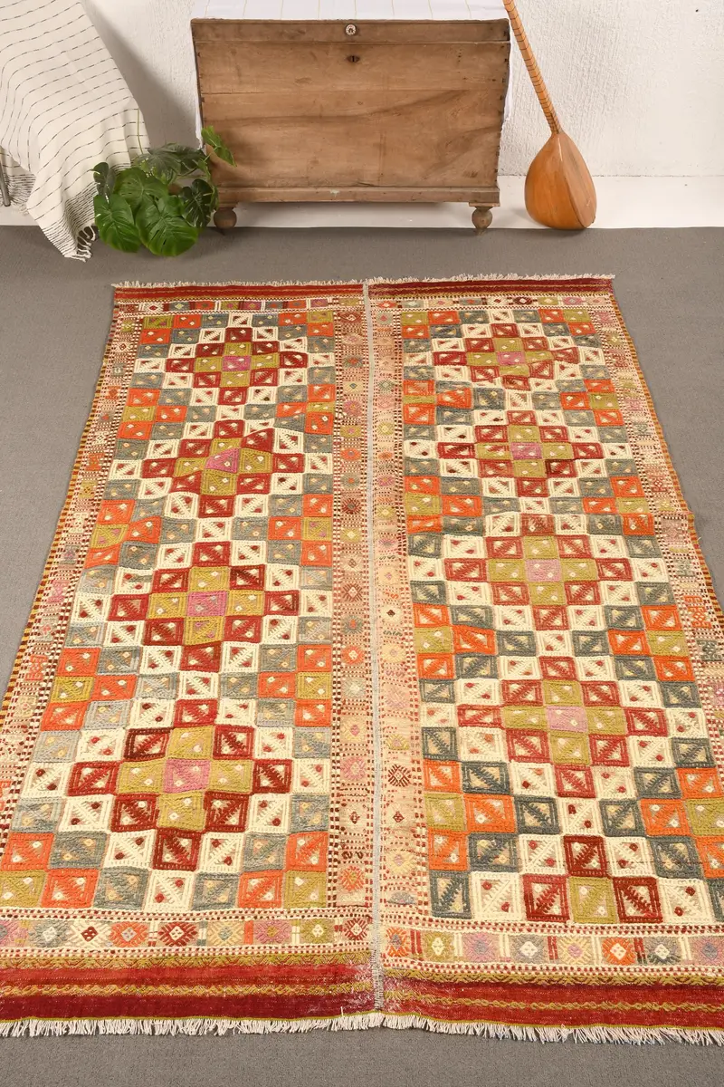 Türk 5.4x8.5 ft Halı, Büyük Vintage Halı, Turuncu Gökkuşağı Patchwork Yün Halı - 1