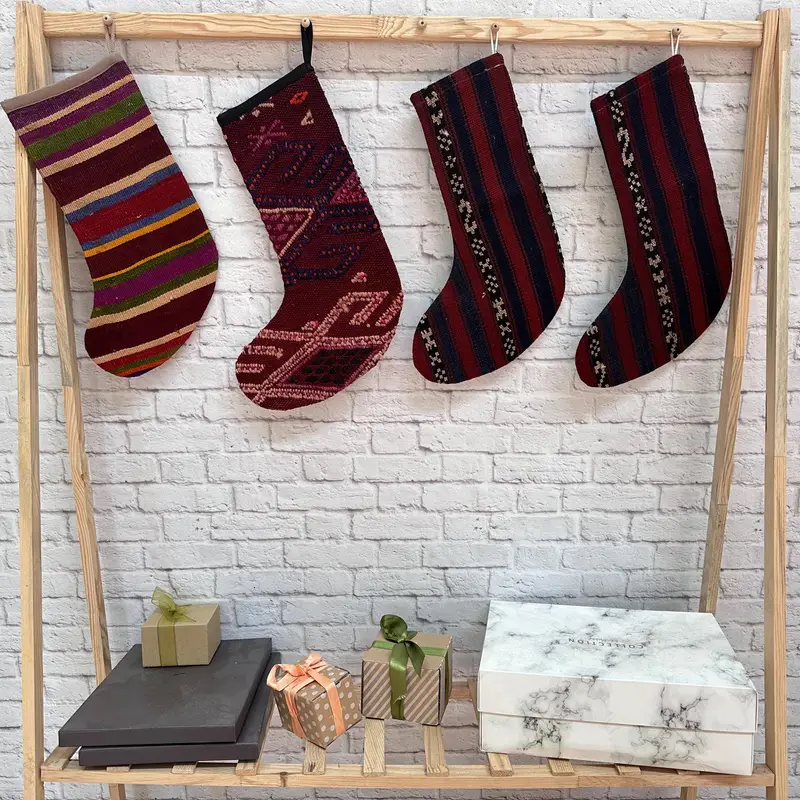 Gray and Pink Christmas Stocking with Ornaments, Festive Holiday Decor