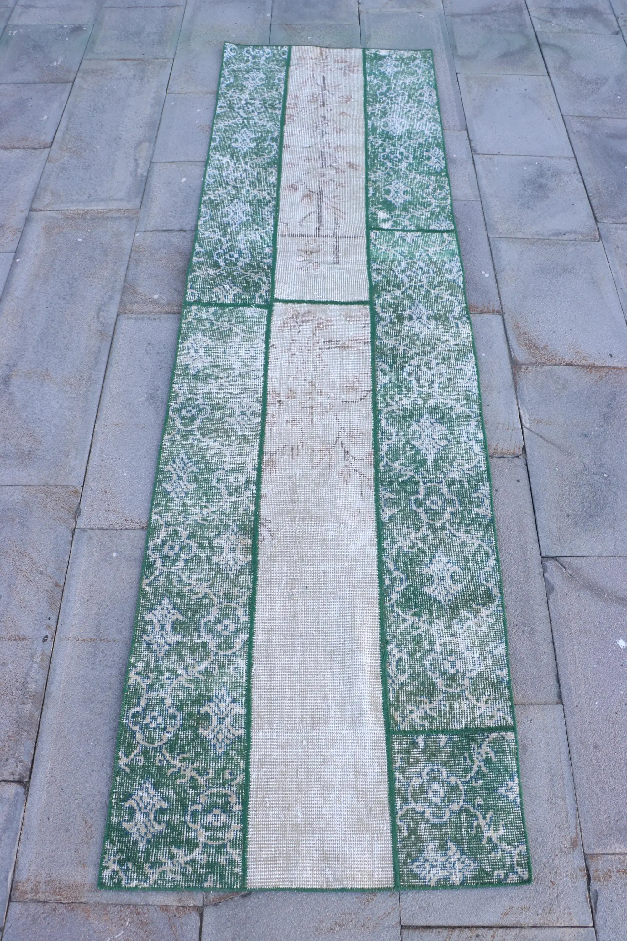 Turkish Vintage Rug, 2.2x7.8 ft Runner Rug, Green White Check Rug - 1