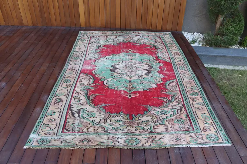5.4x8 ft Large Turkish Vintage Rug, Red Camouflage Wool Rug - 1