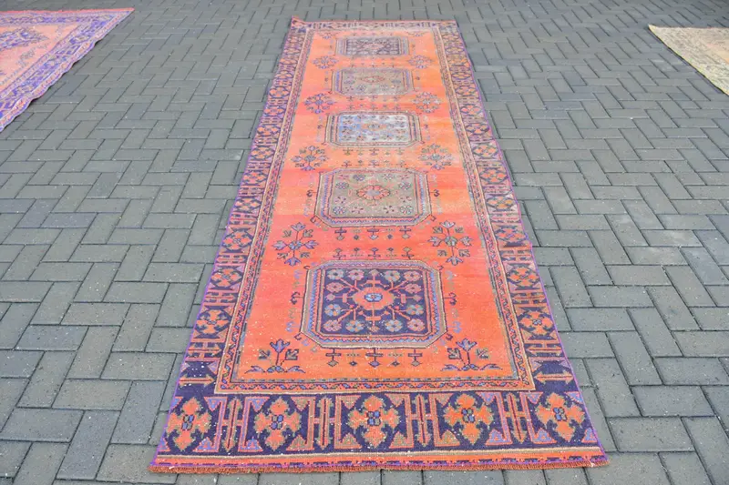 Vintage Halı, Yolluk 3.8x11.2 ft Türk Halısı, Kırmızı Yün Halı - 1