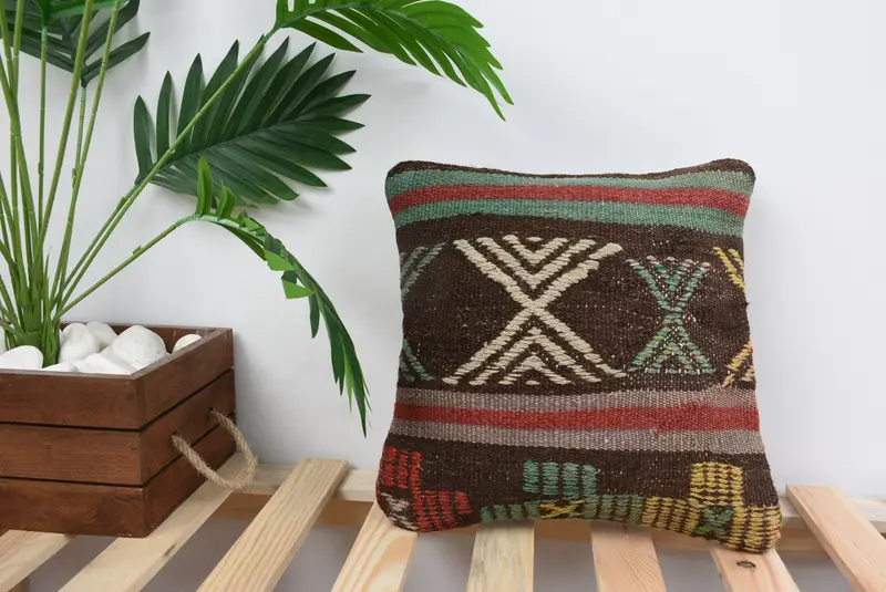 Handmade Throw Cushion Case, Tribal Pillow Case, 12x12 Brown Pillow Sham, Pillow Cover, Boho Pillow, Gift Pillow, Vintage Kilim Throw Pillow - 1