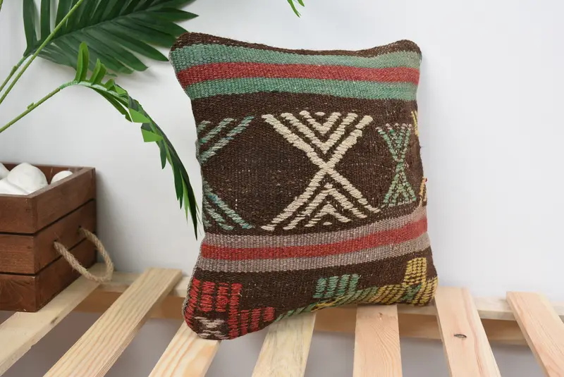 Handmade Throw Cushion Case, Tribal Pillow Case, 12x12 Brown Pillow Sham, Pillow Cover, Boho Pillow, Gift Pillow, Vintage Kilim Throw Pillow - 4