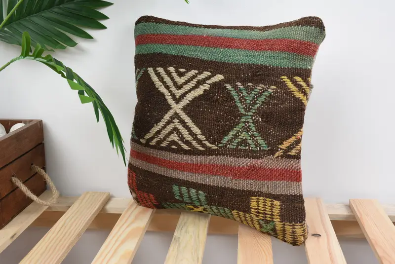 Handmade Throw Cushion Case, Tribal Pillow Case, 12x12 Brown Pillow Sham, Pillow Cover, Boho Pillow, Gift Pillow, Vintage Kilim Throw Pillow - 5