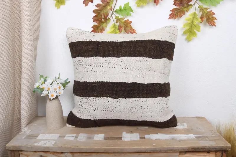 Vintage Kilim Pillow, Cotton Pillow Cover, 18x18 White Pillow, Handwoven Pillow, Cushion Case, Boho Pillow Sham Cover, Kilim Pillow Cover - 1