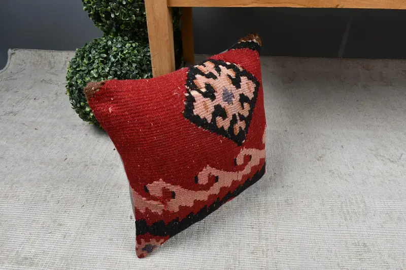 Pillow Cover, Vintage Kilim Throw Pillow, Boho Pillow Sham Cover, Aesthetic Pillow Case, Interior Designer Pillow, 14x14 Red Pillow - 7