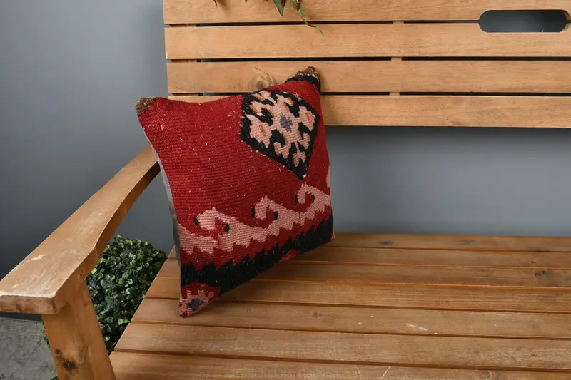 Pillow Cover, Vintage Kilim Throw Pillow, Boho Pillow Sham Cover, Aesthetic Pillow Case, Interior Designer Pillow, 14x14 Red Pillow - 1
