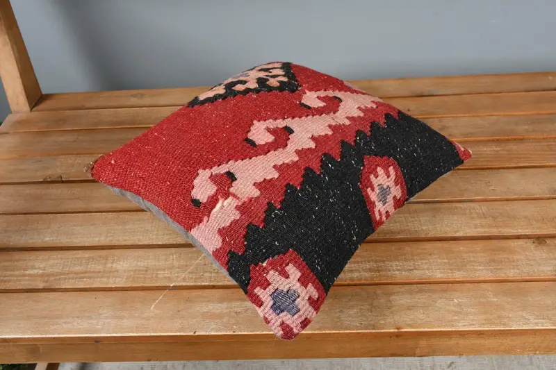 Pillow Cover, Vintage Kilim Throw Pillow, Boho Pillow Sham Cover, Aesthetic Pillow Case, Interior Designer Pillow, 14x14 Red Pillow - 2