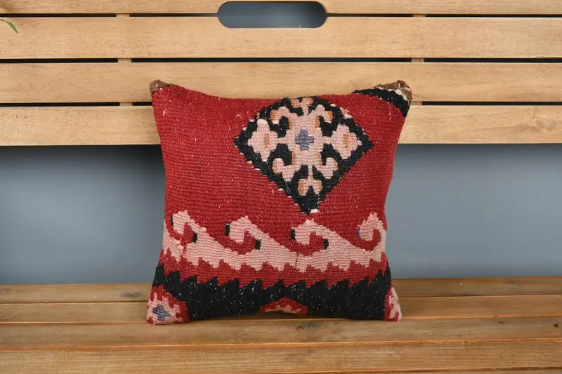 Pillow Cover, Vintage Kilim Throw Pillow, Boho Pillow Sham Cover, Aesthetic Pillow Case, Interior Designer Pillow, 14x14 Red Pillow - 6