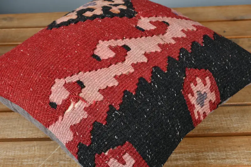 Pillow Cover, Vintage Kilim Throw Pillow, Boho Pillow Sham Cover, Aesthetic Pillow Case, Interior Designer Pillow, 14x14 Red Pillow - 3