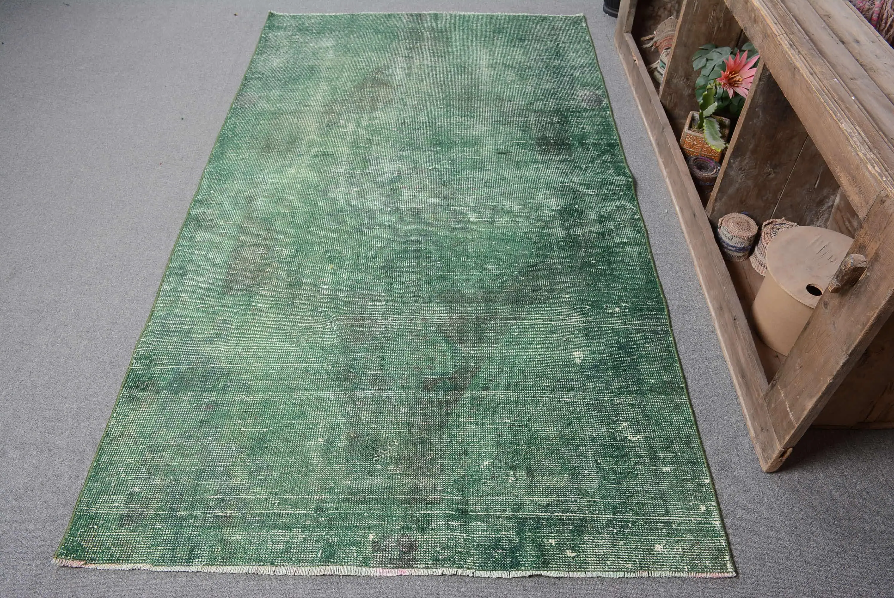 Turkish Vintage Rug 4.1x7.2 ft, Green Abstract Rug - 1