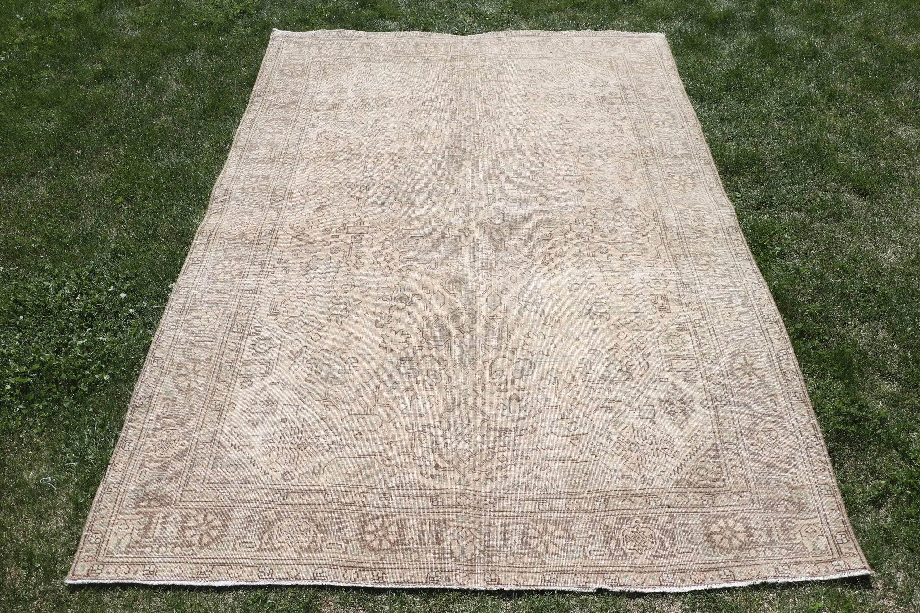 Türkischer 6,4x9,4 ft Teppich, großer Vintage Teppich, braun grauer Blumenteppich - 1