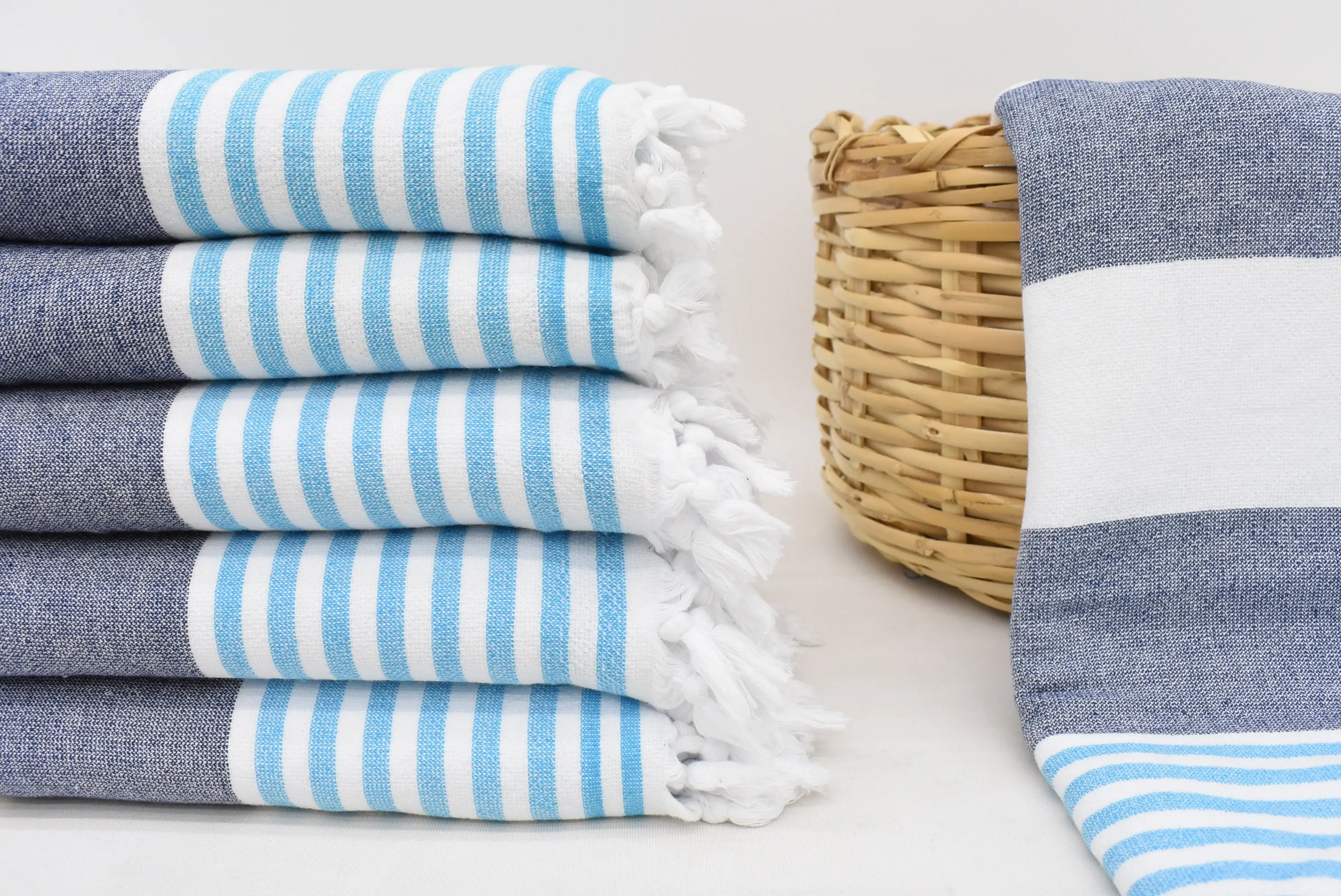 Monogrammed Turkish Cotton Navy Blue-Turquoise Stripe Towel, 67x36 Inches - 1