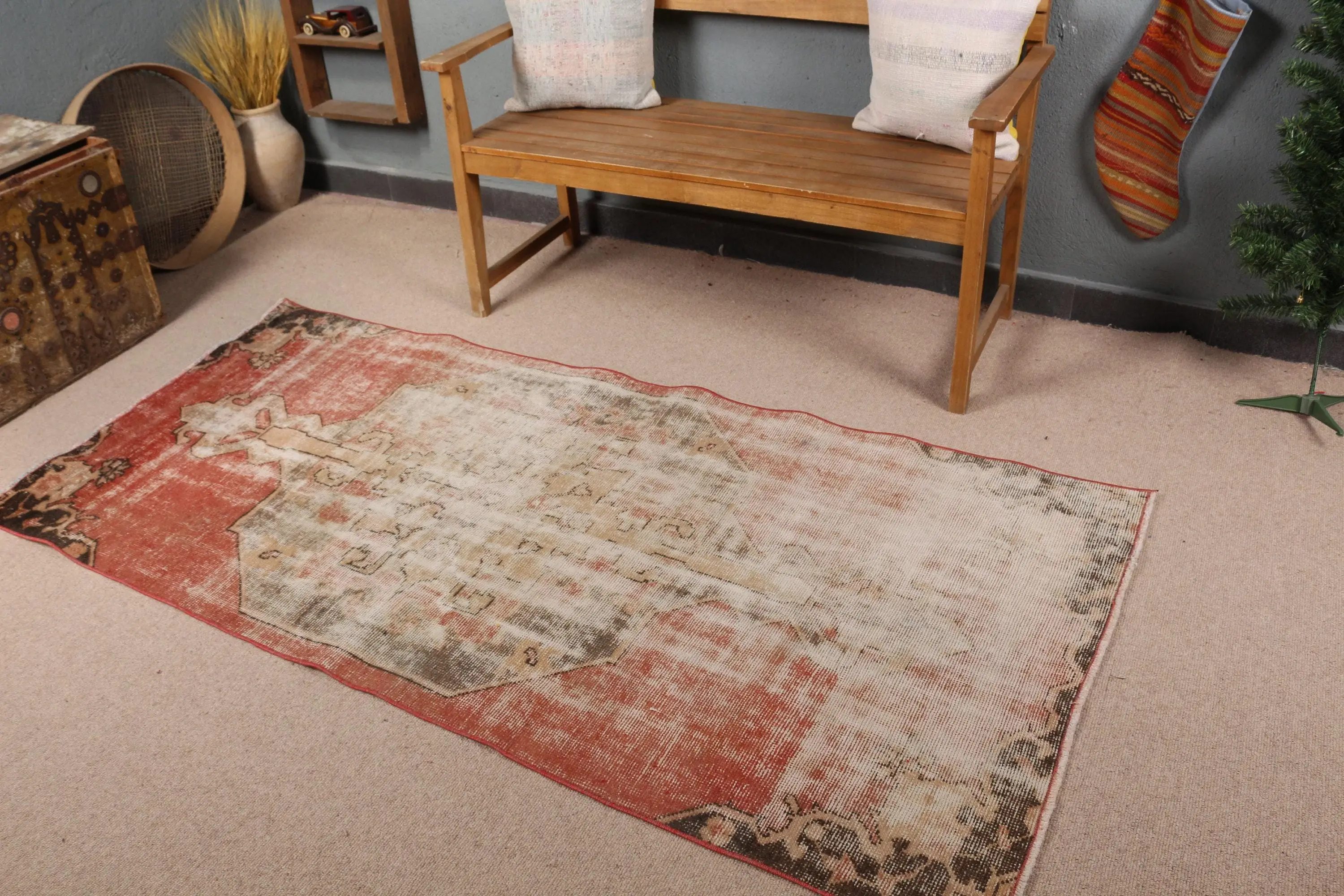 Alfombra vintage de 3,2x6,9 pies, alfombra turca decorativa, alfombra de lana patchwork marrón rojo - 1