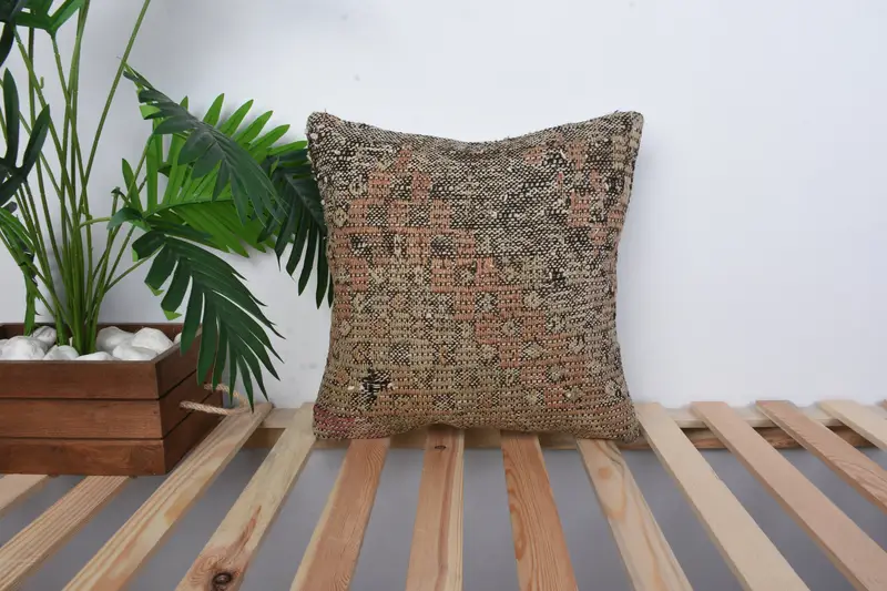 Ottoman Cushion Case, Interior Designer Pillow, Boho Pillow Sham Cover, Pillow Cover, 16x16 Brown Cushion Cover, Throw Kilim Pillow - 1