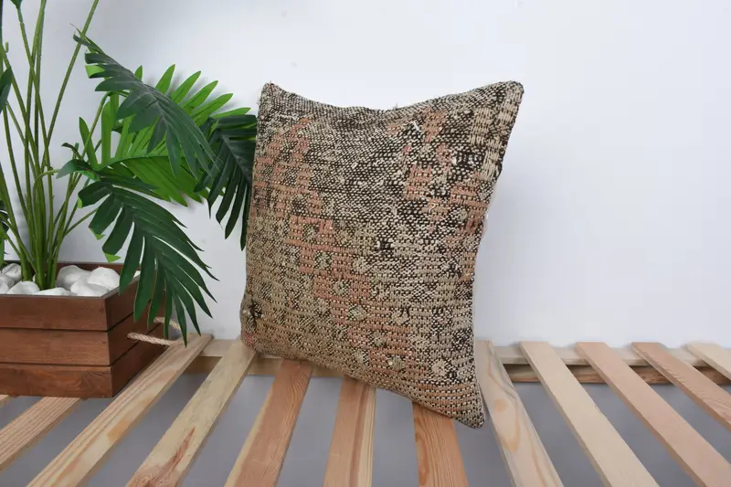 Ottoman Cushion Case, Interior Designer Pillow, Boho Pillow Sham Cover, Pillow Cover, 16x16 Brown Cushion Cover, Throw Kilim Pillow - 5