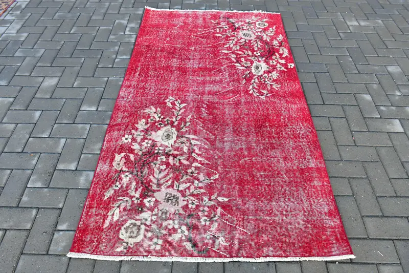 3.7x6.4 ft Vintage Oushak Halı, Kırmızı Oryantal Türk Yün Halısı - 1