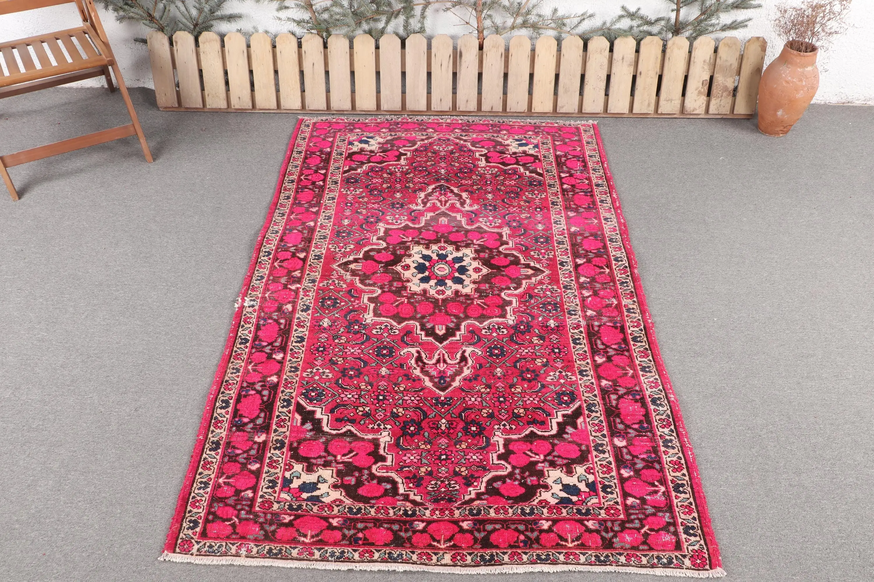 4.2x6.7 ft Rug, Turkish Vintage Rug, Red Blue Plants & trees Rug - 1