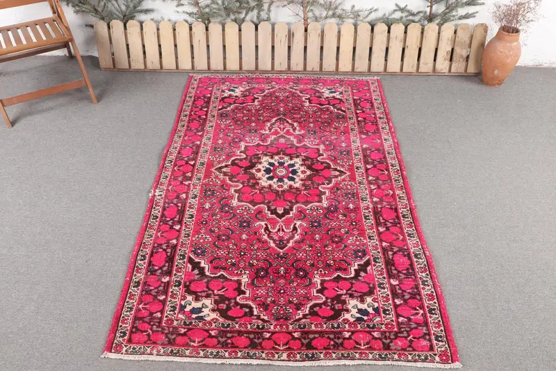 ハンドメイド ピンク & ブルー ラグ、127x201 cm ボタニカル デザイン