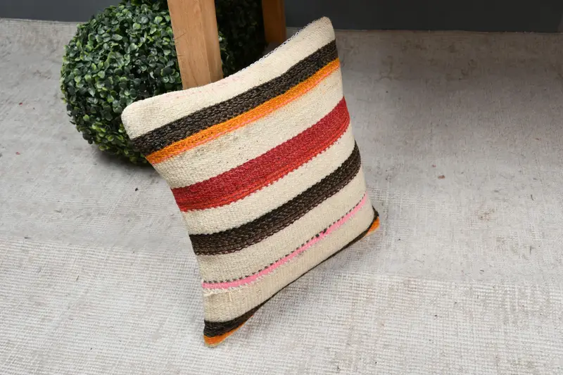 Vintage Kilim Pillow, Cushion Cover, Outdoor Throw Cushion Cover, Throw Kilim Pillow, Home Decor Pillow, 12x12 Brown Pillow Sham - 7