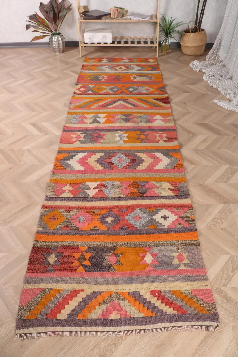 Türk Yolluk Halısı 3.1x10.8 ft, Turuncu Bordürlü Vintage Yün Halı - 1
