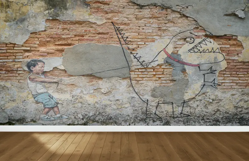 Papel pintado moderno con graffiti de dinosaurios impreso: linda decoración artística de dinosaurios