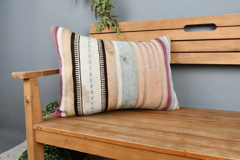 Handmade Throw Pillow Case, Ethnical Kilim Rug Pillow, Kilim Cushion Sham, Pillow Cover, 16x24 Beige Cushion Case, Turkish Kilim Pillow - 1