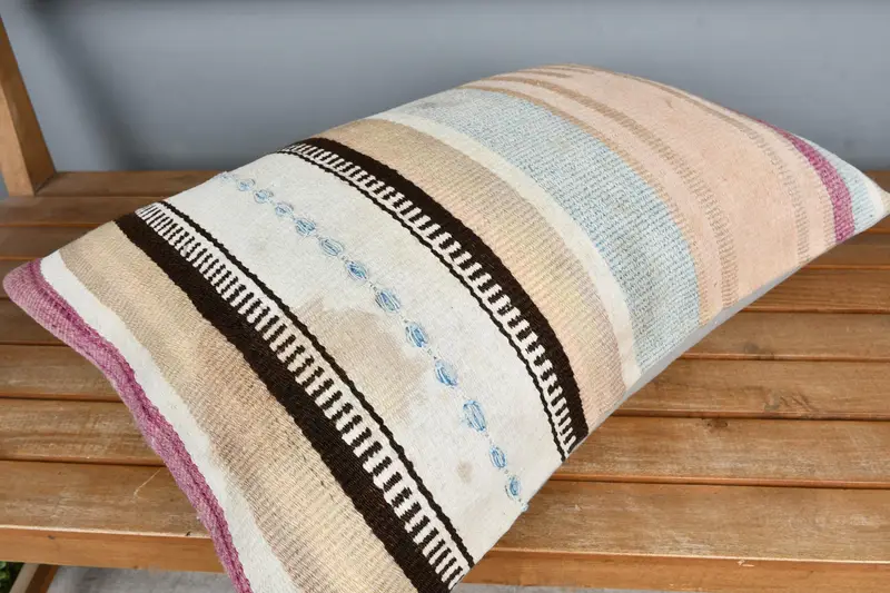 Handmade Throw Pillow Case, Ethnical Kilim Rug Pillow, Kilim Cushion Sham, Pillow Cover, 16x24 Beige Cushion Case, Turkish Kilim Pillow - 2