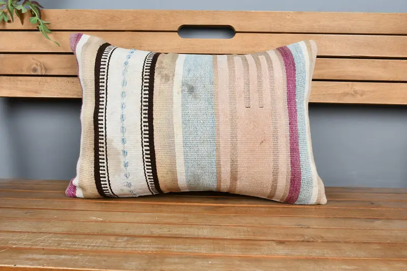 Handmade Throw Pillow Case, Ethnical Kilim Rug Pillow, Kilim Cushion Sham, Pillow Cover, 16x24 Beige Cushion Case, Turkish Kilim Pillow - 6