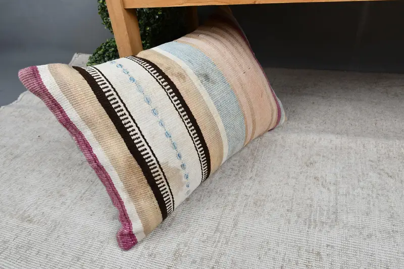Handmade Throw Pillow Case, Ethnical Kilim Rug Pillow, Kilim Cushion Sham, Pillow Cover, 16x24 Beige Cushion Case, Turkish Kilim Pillow - 7