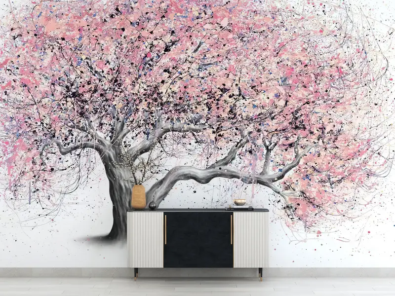 Printed Pink Tree Abstract Wallpaper: Modern, Elegant Decor