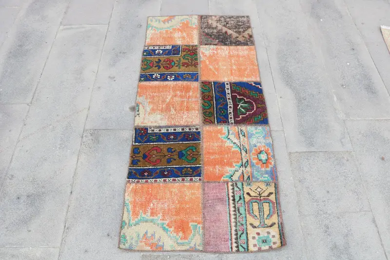 Türk Vintage Halısı 2x4,5 ft (62x138 cm), Oushak Turuncu Mavi Oryantal Halı - 1