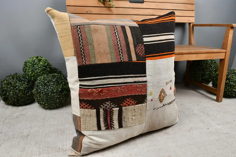 Kilim Cushion Sham, Cushion Cover, Turkish Kilim Pillow, 32x32 White Pillow, Handmade Rug Seat Cushion Cover, Handmade Kilim Cushion - 7