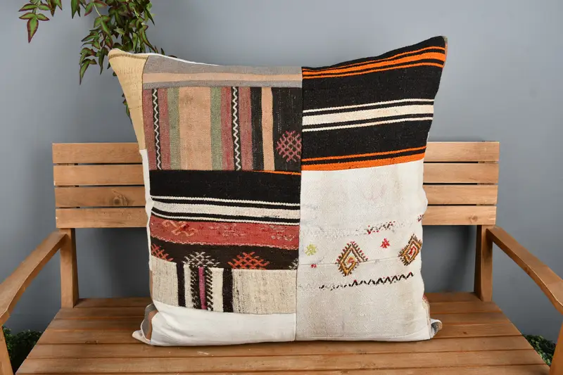 Kilim Cushion Sham, Cushion Cover, Turkish Kilim Pillow, 32x32 White Pillow, Handmade Rug Seat Cushion Cover, Handmade Kilim Cushion - 6