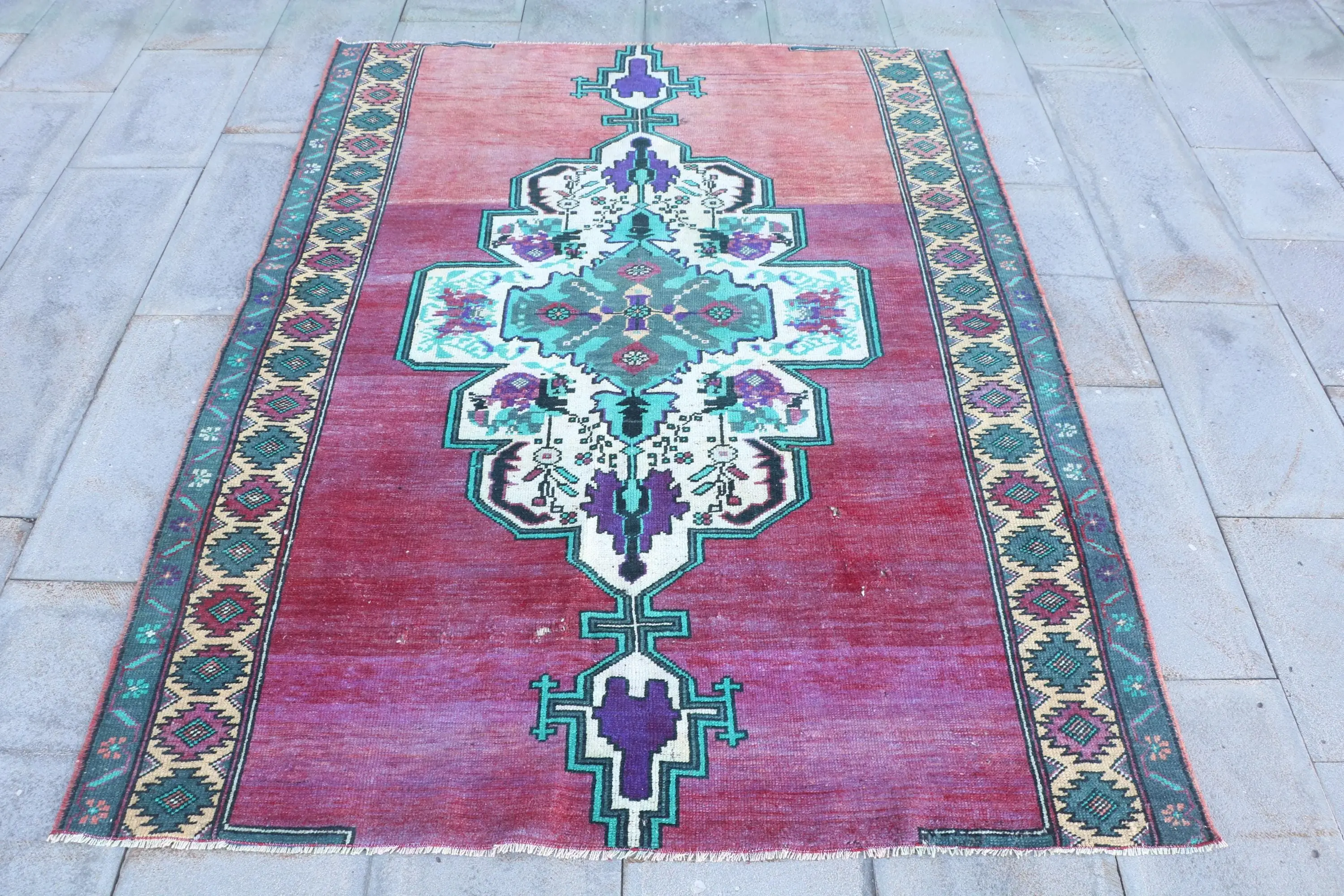 Vintage Rug, 4.7x6.3 ft Area Rug, Red Blue Wool Rug - 1