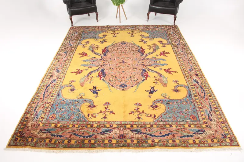 Vintage 8.2x11.6 ft Halı, Oushak Türk Halısı, Sarı Puantiyeli Halı Yün - 1