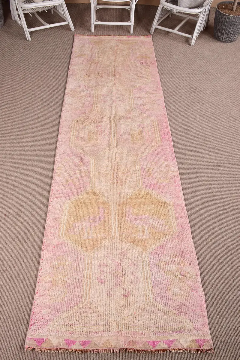 Turkish Vintage Rug, 3.3x11.3 ft Runner Rug, Pink Beige Camouflage Wool Rug - 1
