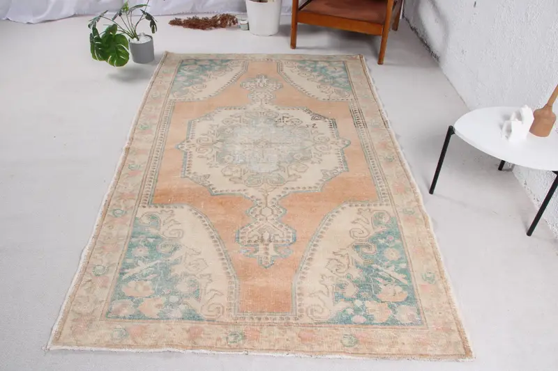 Zarif Turuncu ve Bej Halı, 4,6x7,4 ft İran Desenli